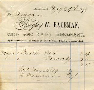 1879 invoice for a bottle of gin at 2/4d and one of brandy 3/6d