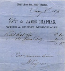 1870 receipt for 1 bottle of Best Gin and 1 of Old Crown Brandy.