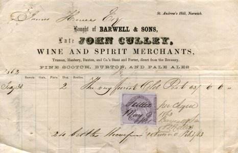 1862 invoice for 2 dozen bottles of the Finest Port - £6/6